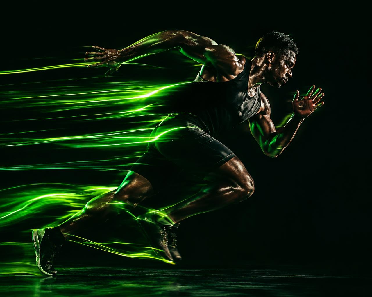 Athlete mid-sprint with electric green light streaks